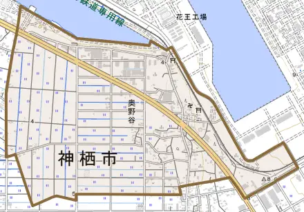 奥野谷とその周辺の地図。町の範囲を重ねている