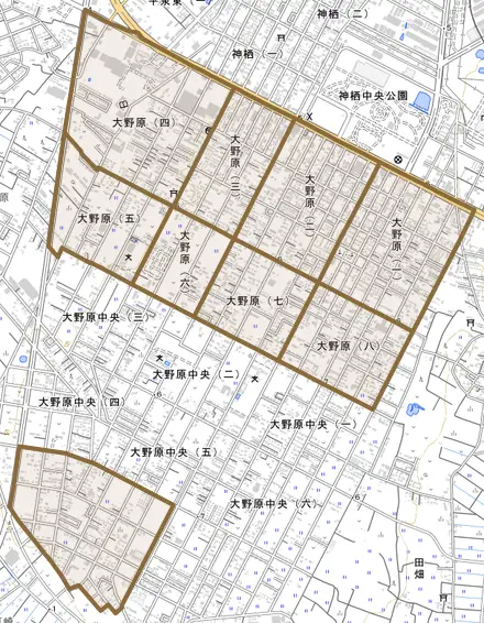 大野原とその周辺の地図。町の範囲を重ねている