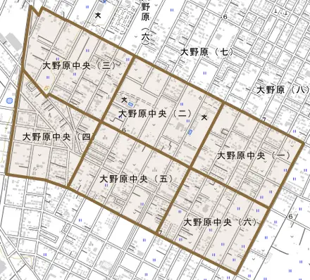 大野原中央とその周辺の地図。町の範囲を重ねている