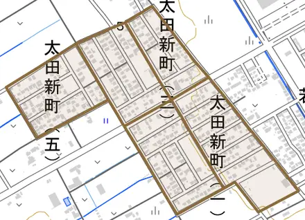 太田新町とその周辺の地図。町の範囲を重ねている