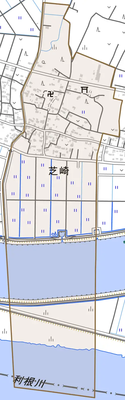 芝崎とその周辺の地図。町の範囲を重ねている