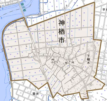下幡木とその周辺の地図。町の範囲を重ねている