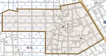 知手とその周辺の地図。町の範囲を重ねている