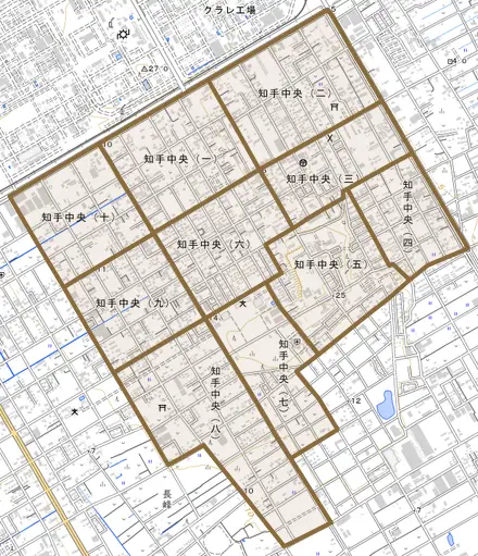 知手中央とその周辺の地図。町の範囲を重ねている