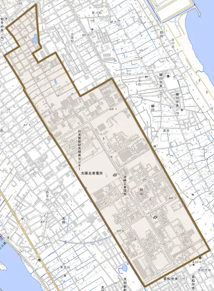 砂山とその周辺の地図。町の範囲を重ねている