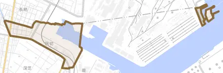 居切とその周辺の地図。町の範囲を重ねている