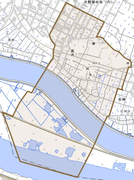 高浜とその周辺の地図。町の範囲を重ねている