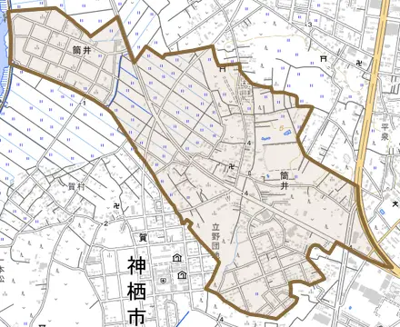 筒井とその周辺の地図。町の範囲を重ねている