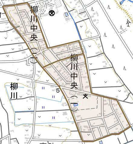 柳川中央とその周辺の地図。町の範囲を重ねている