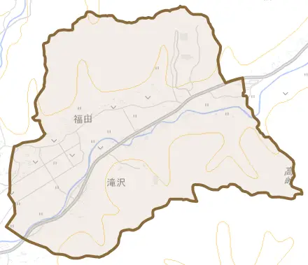 福田とその周辺の地図。町の範囲を重ねている