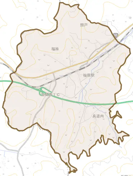 福原とその周辺の地図。町の範囲を重ねている