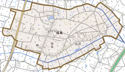 福島とその周辺の地図。町の範囲を重ねている