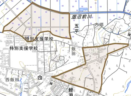 五平とその周辺の地図。町の範囲を重ねている