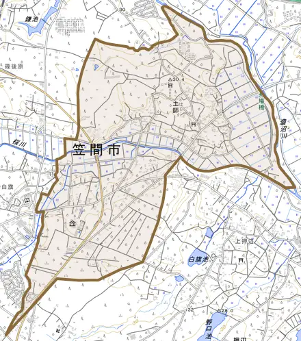 土師とその周辺の地図。町の範囲を重ねている