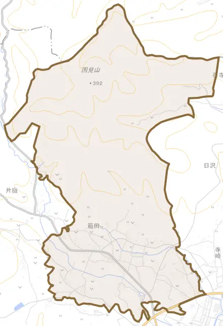 箱田とその周辺の地図。町の範囲を重ねている
