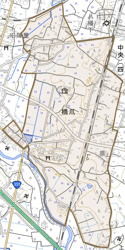 橋爪とその周辺の地図。町の範囲を重ねている