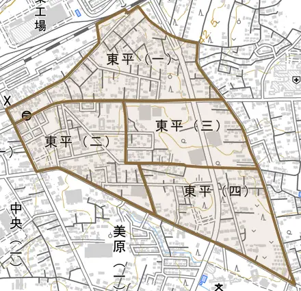 東平とその周辺の地図。町の範囲を重ねている