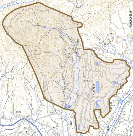 日沢とその周辺の地図。町の範囲を重ねている