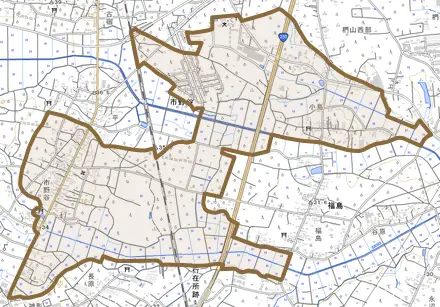 市野谷とその周辺の地図。町の範囲を重ねている