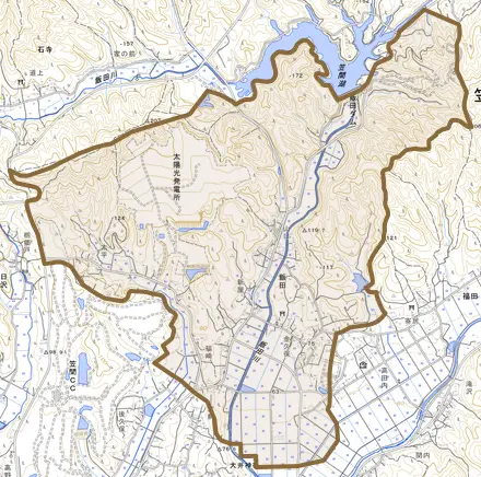 飯田とその周辺の地図。町の範囲を重ねている