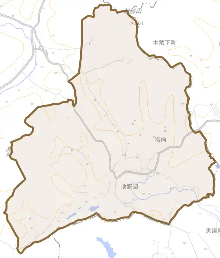 池野辺とその周辺の地図。町の範囲を重ねている