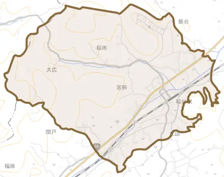 稲田とその周辺の地図。町の範囲を重ねている