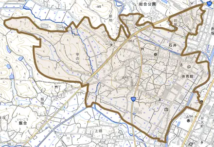 石井とその周辺の地図。町の範囲を重ねている