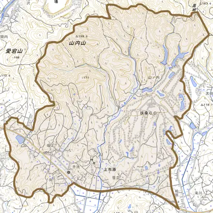上市原とその周辺の地図。町の範囲を重ねている