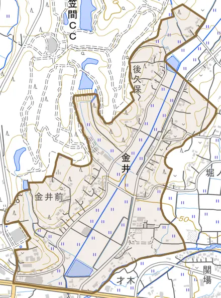 金井とその周辺の地図。町の範囲を重ねている