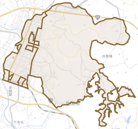 笠間とその周辺の地図。町の範囲を重ねている
