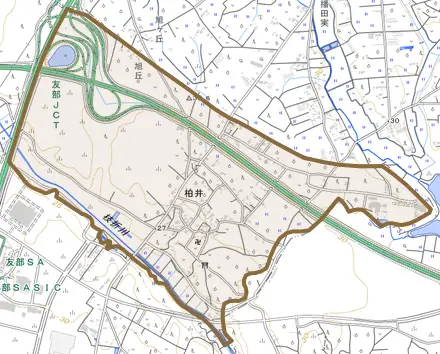 柏井とその周辺の地図。町の範囲を重ねている