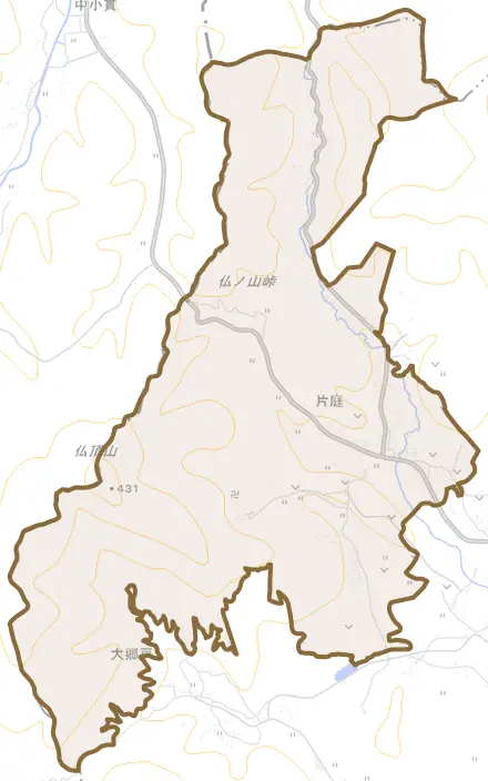 片庭とその周辺の地図。町の範囲を重ねている
