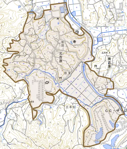 北吉原とその周辺の地図。町の範囲を重ねている