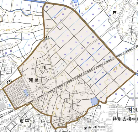 鴻巣とその周辺の地図。町の範囲を重ねている