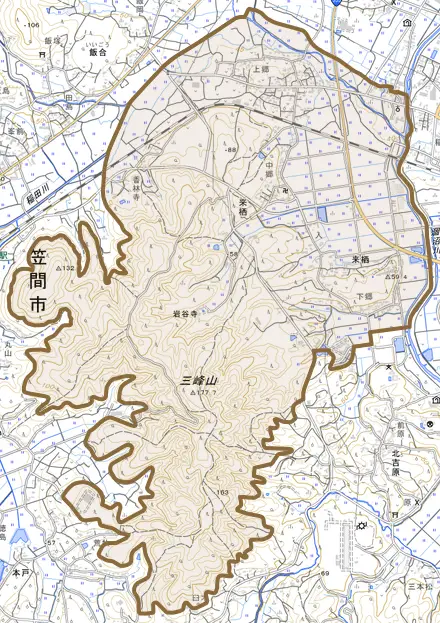 来栖とその周辺の地図。町の範囲を重ねている