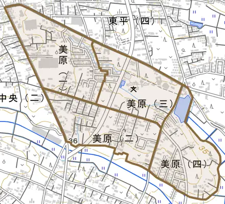美原とその周辺の地図。町の範囲を重ねている