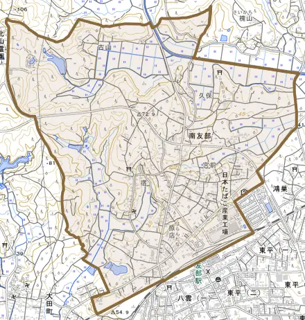南友部とその周辺の地図。町の範囲を重ねている