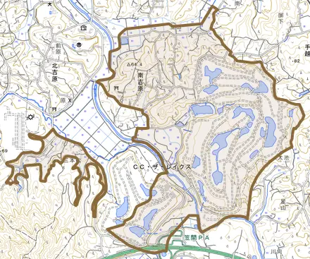 南吉原とその周辺の地図。町の範囲を重ねている