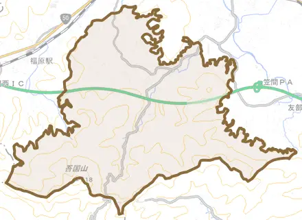 本戸とその周辺の地図。町の範囲を重ねている