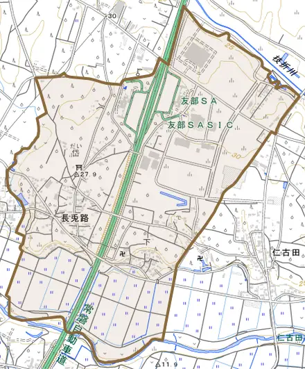 長兎路とその周辺の地図。町の範囲を重ねている