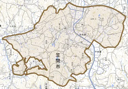 中市原とその周辺の地図。町の範囲を重ねている