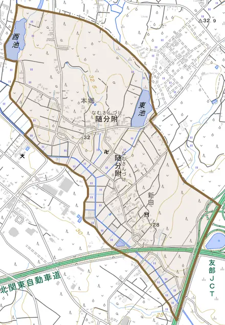 随分附とその周辺の地図。町の範囲を重ねている
