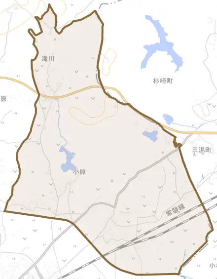 小原とその周辺の地図。町の範囲を重ねている