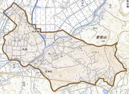 大渕とその周辺の地図。町の範囲を重ねている