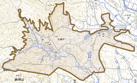 大郷戸とその周辺の地図。町の範囲を重ねている