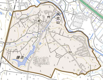 大古山とその周辺の地図。町の範囲を重ねている