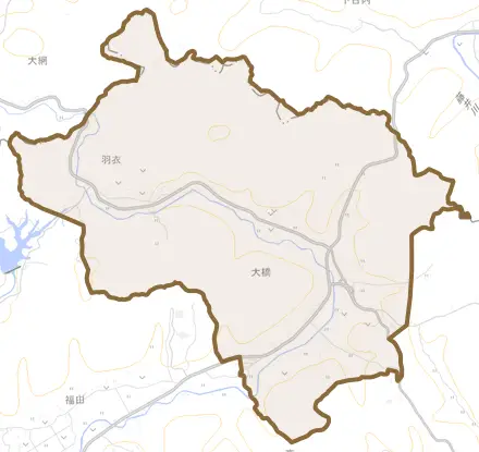 大橋とその周辺の地図。町の範囲を重ねている