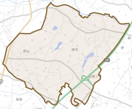 押辺とその周辺の地図。町の範囲を重ねている