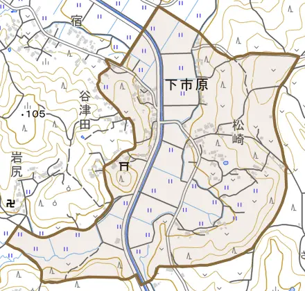 下市原とその周辺の地図。町の範囲を重ねている