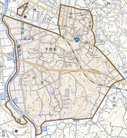 下市毛とその周辺の地図。町の範囲を重ねている